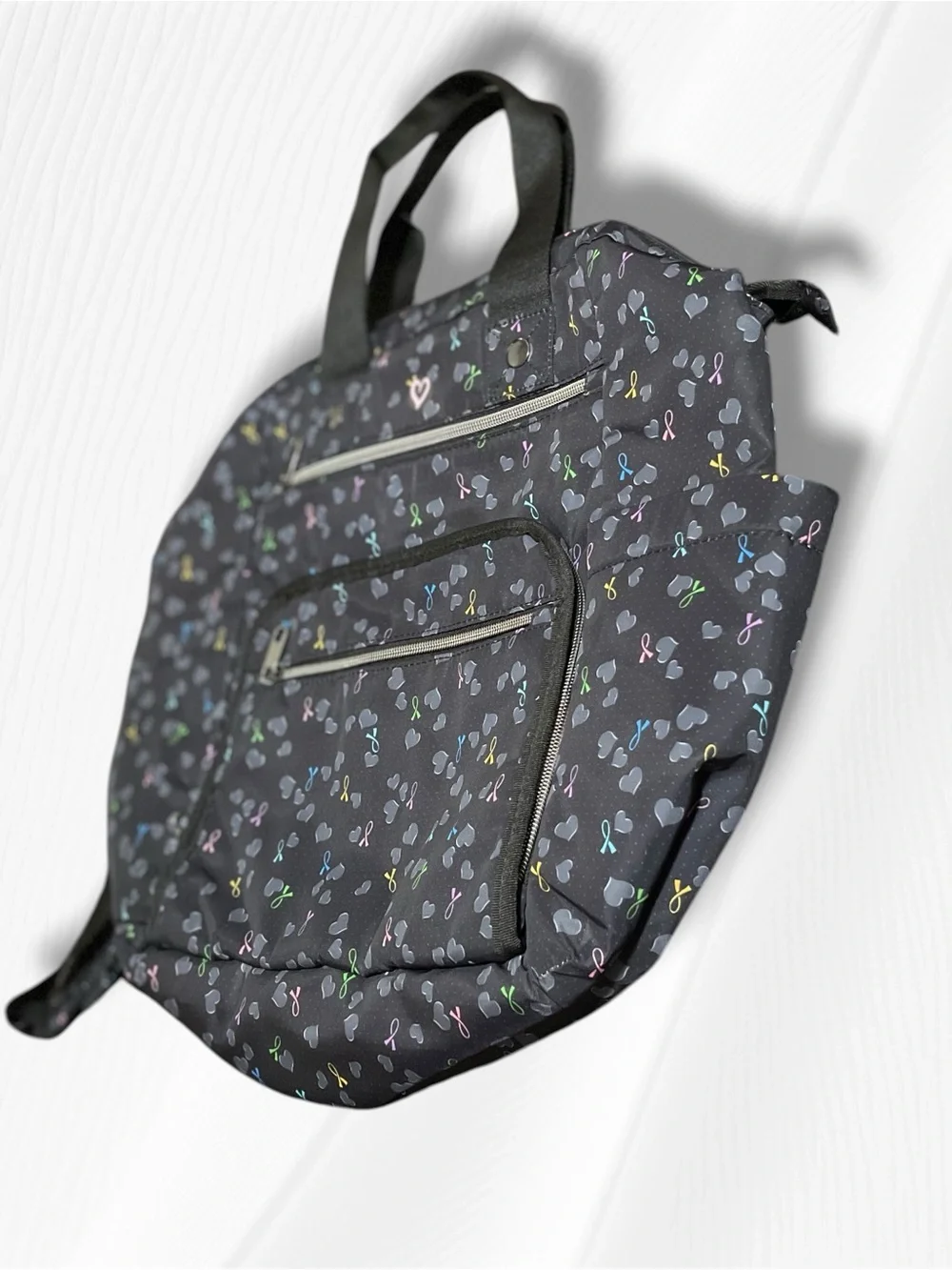 HeartSoul Bella Convertible Backpack Tote Bag Awareness Ribbons Hearts Black